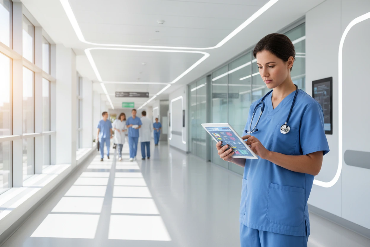 Healthcare nurse supporting a patient in a care setting